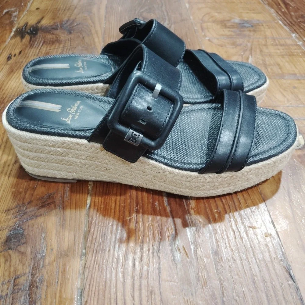 Sam Edelman Carson Espadrille Wedge Sandals Size 8M Slip On Black 2.25